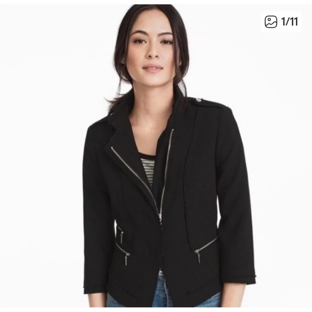 White House Black Market Womens Black Zipper Detail Moto‎ Jacket Size 00